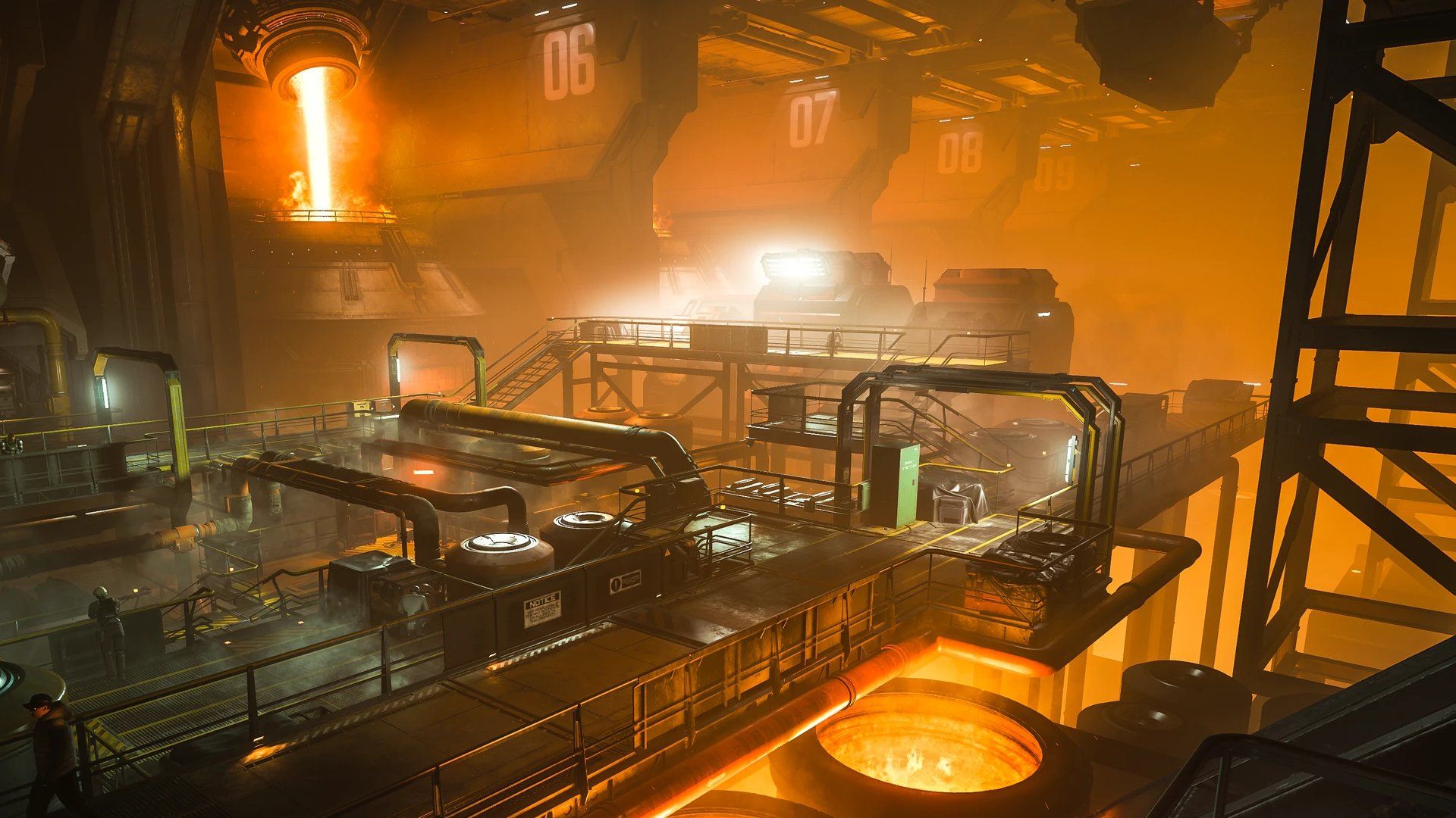 Pont de raffinage, passerelle bordée de cuves de métal en fusion, gameplay raffinage de l’Industrie, organisation Star Citizen francophone Codiga.