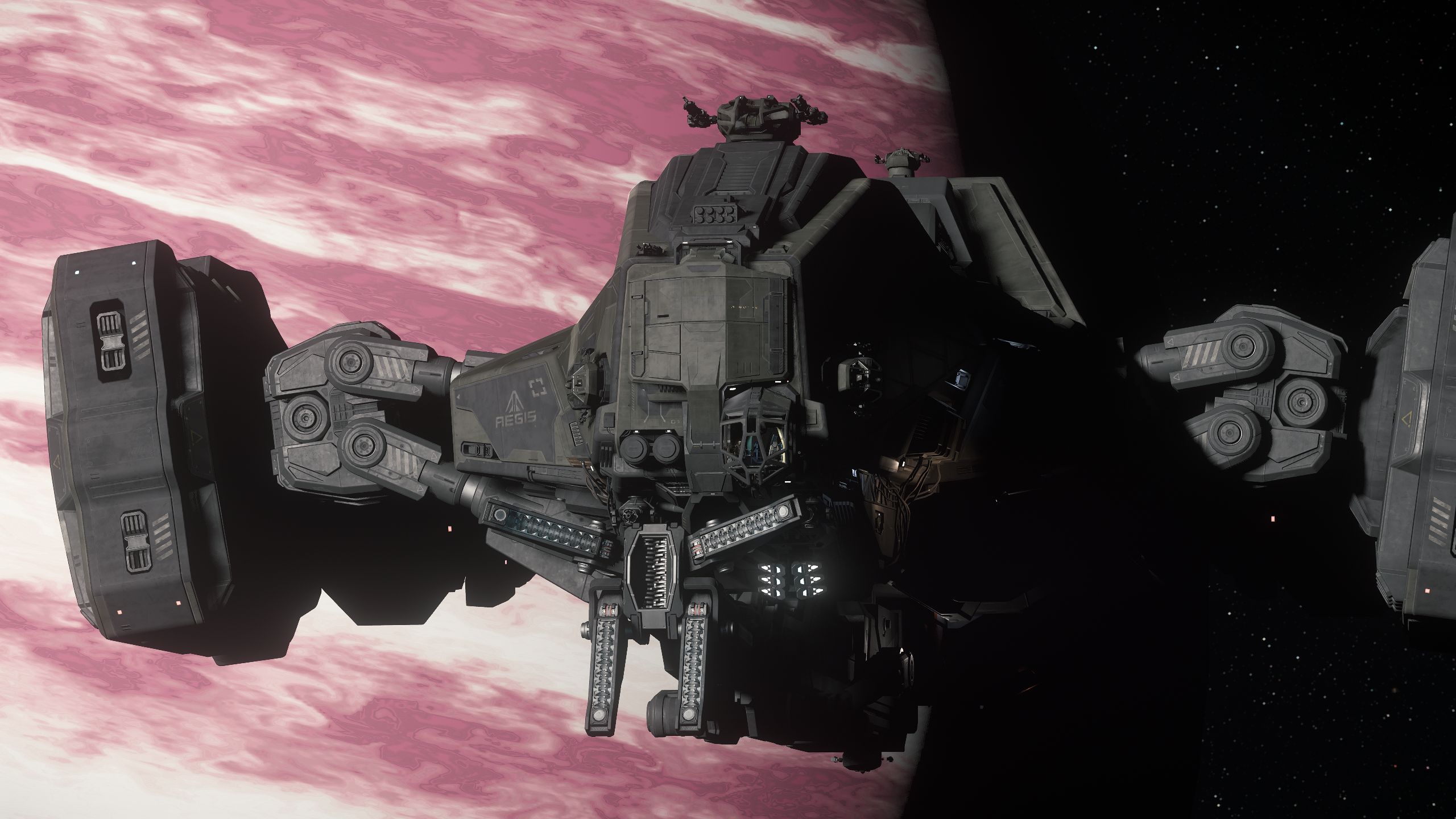 Aegis Reclaimer de l’Industrie de Codiga devant Crusader, géante gazeuse de Stanton, salvage en organisation Star Citizen francophone.