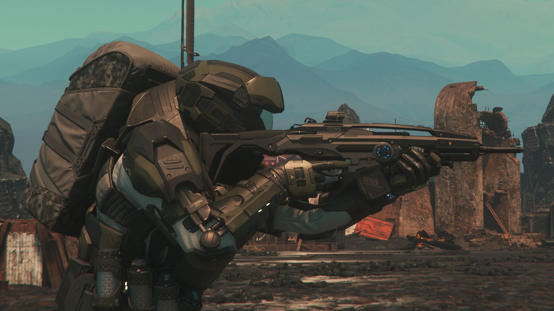 Chasseur de primes de la Milice de Codiga en armure, arme au poing face à une planète de Pyro, guilde militaire Star Citizen francophone.