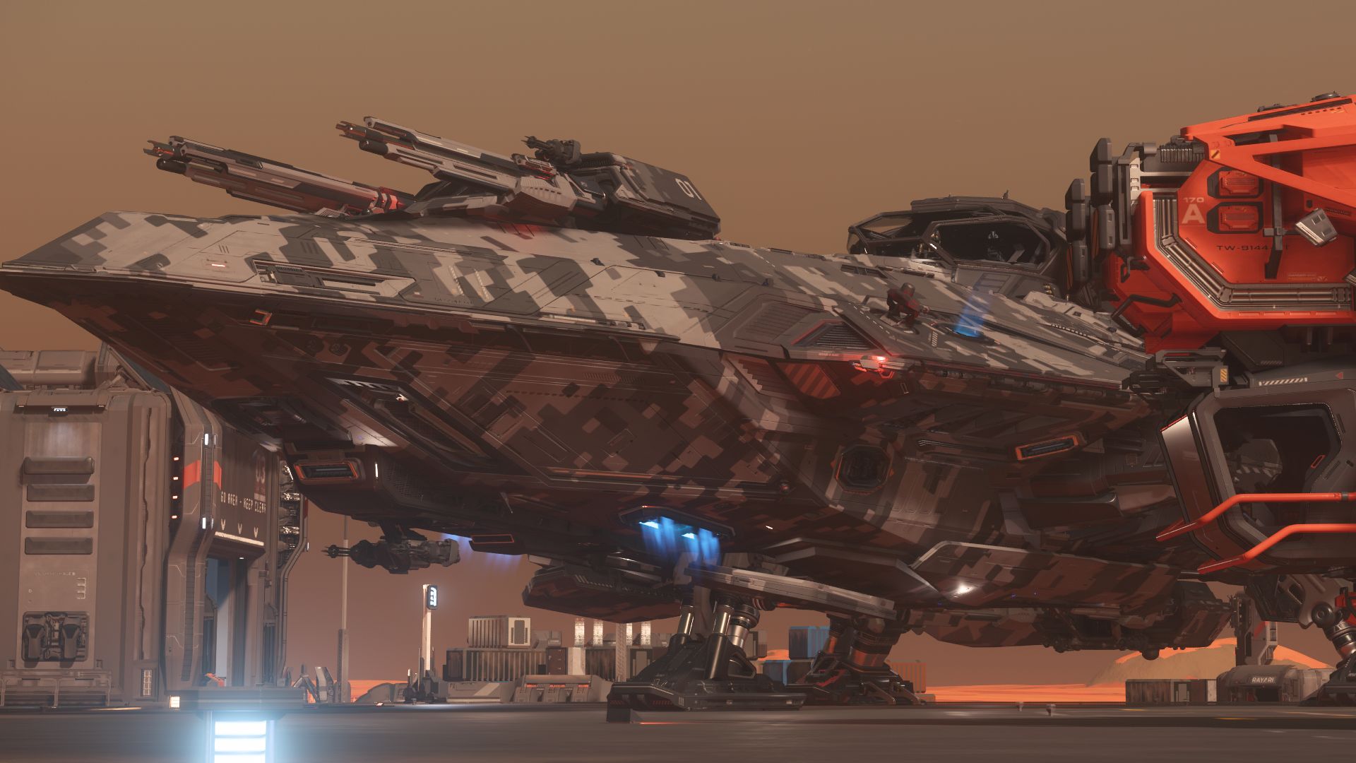 RSI Perseus de la Milice de Codiga posé près d’un Argo Raft, sécurisation d’une opération de cargo, guilde militaire Star Citizen francophone.