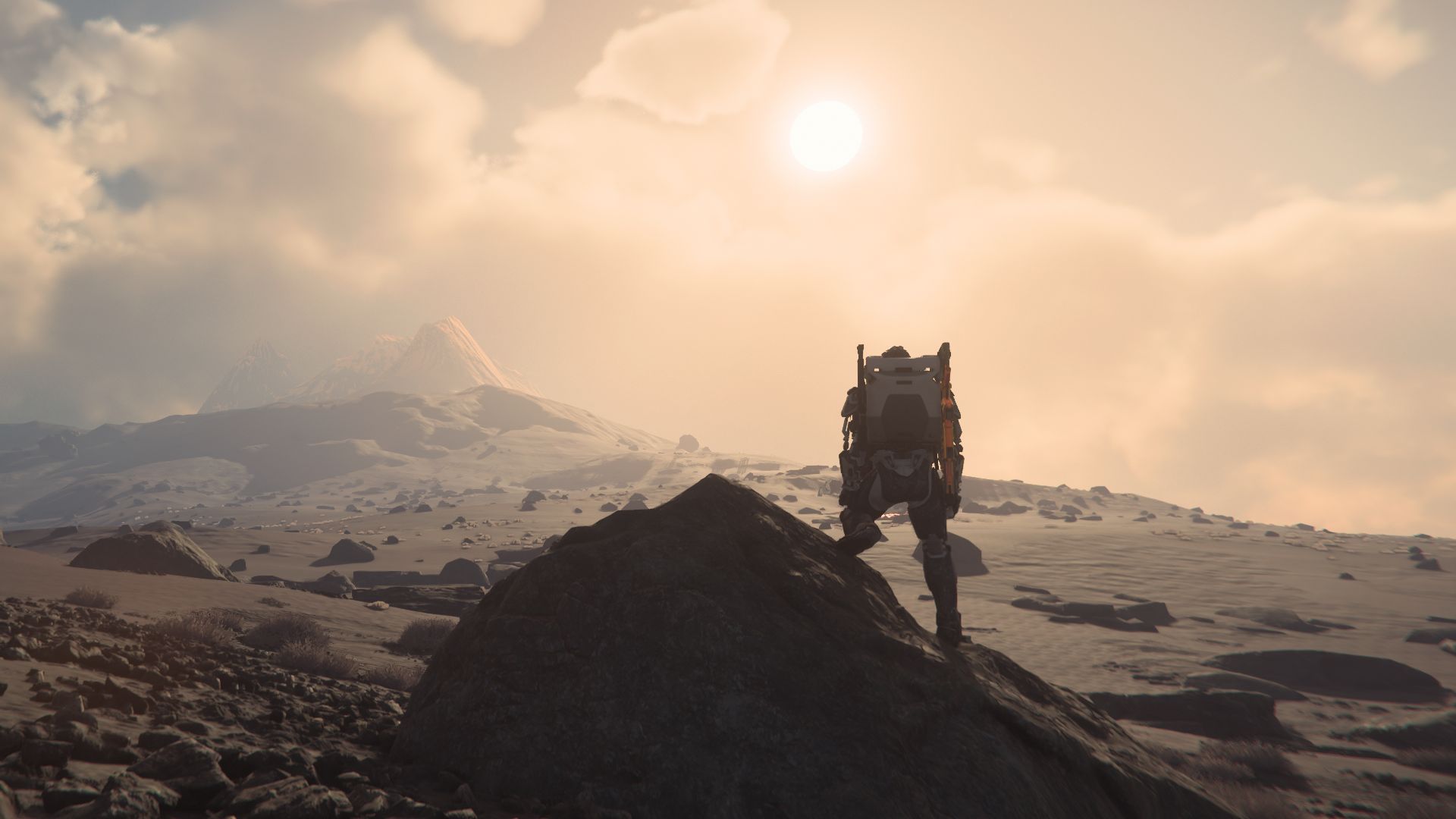 Explorateur de la Science de Codiga sur un rocher, observant l’horizon à la surface d’Aberdeen, guilde exploration Star Citizen francophone.