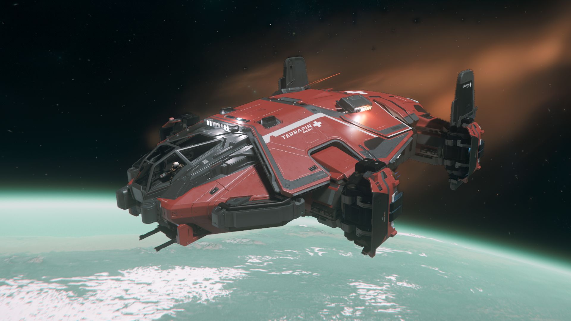 Anvil Terrapin Medic de la Science de Codiga en rentrée atmosphérique enflammée au-dessus de microTech, guilde exploration Star Citizen francophone.