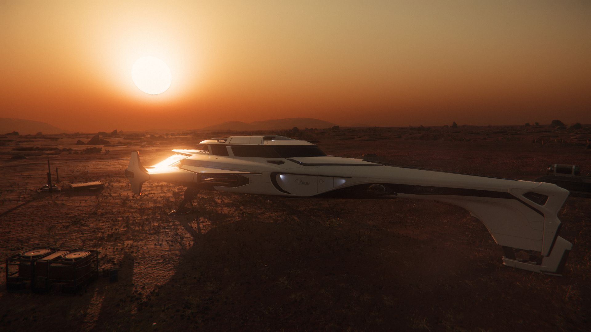 Origin 400i du Transport de Codiga posé au coucher de Soleil sur une planète de Pyro, transport de passagers en organisation Star Citizen francophone.