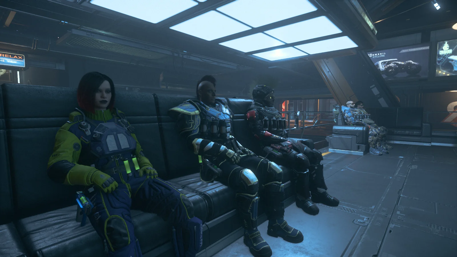 3 pilotes en pause sur un banc de la station Stanton Gateway à Nyx