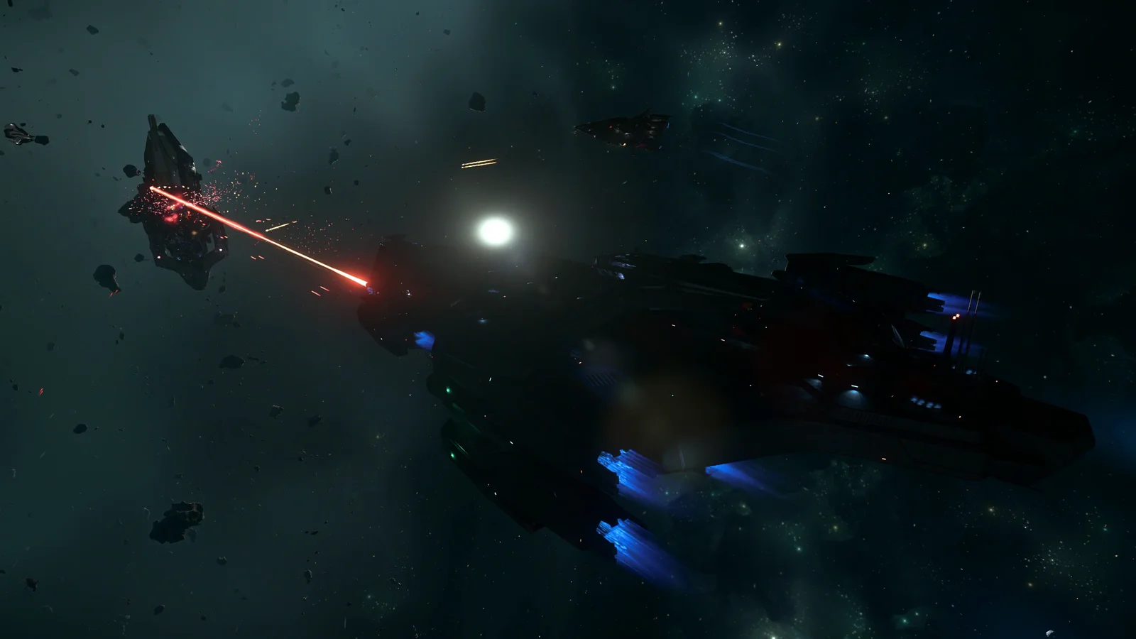 La flotte de Codiga repousse le clan XenoThreat : le laser Exodus de l'Idris-P et les canons du Perseus s'attaquant à l'Idris-M XenoThreat