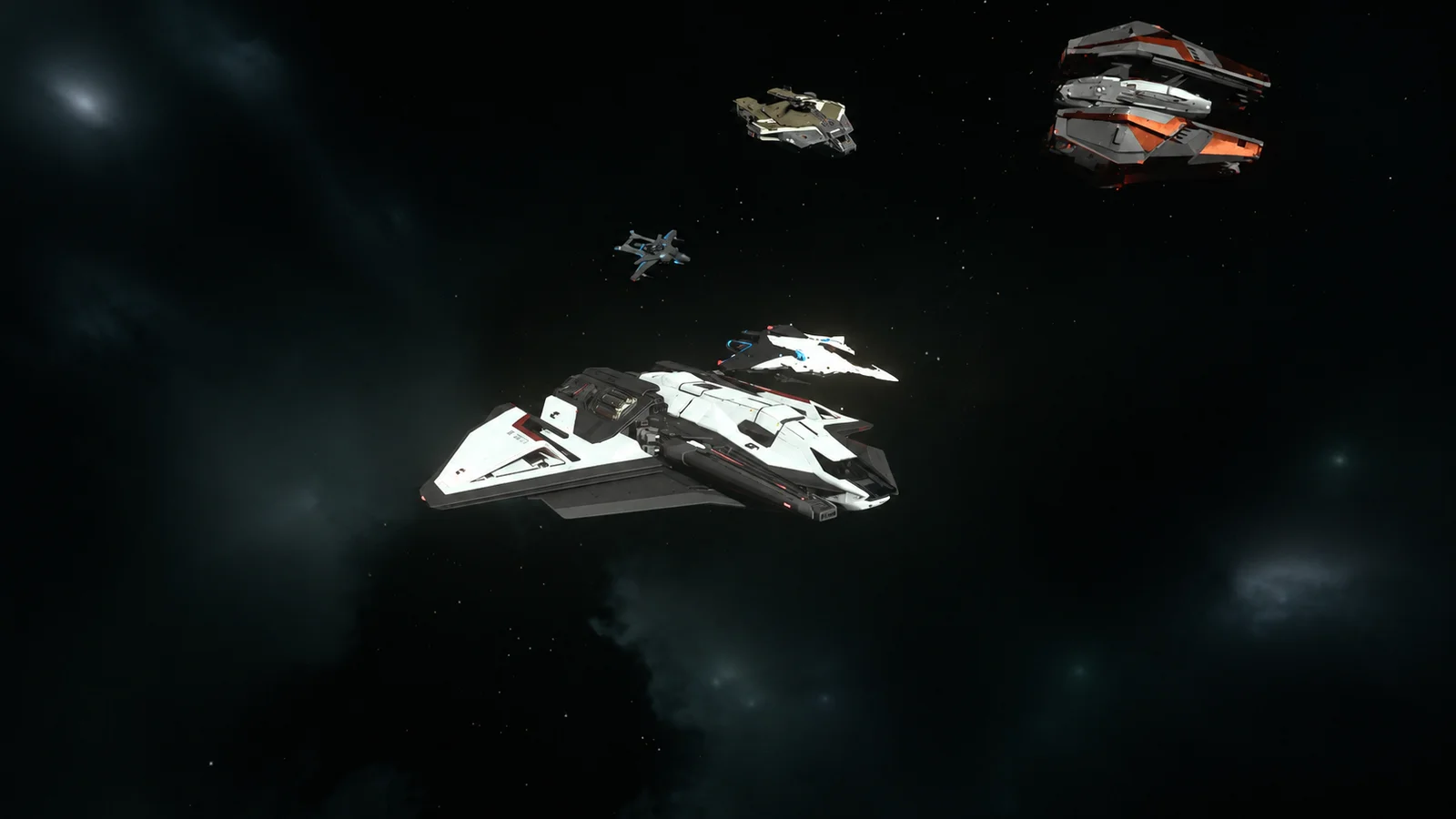 Anvil F7C Mk. II, Crusader Ares Ion, Origin M80, RSI Scorpius et Mirai Guardian en attente pour défendre le Tranquility à QB Breaker à Nyx