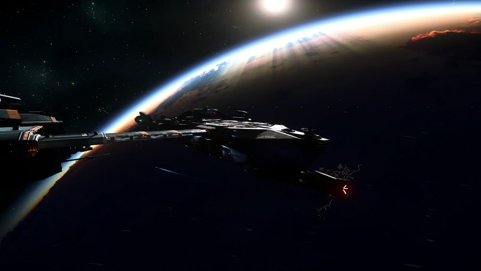 Idris-P docké à Port Tressler devant un coucher de Stanton sur MicroTech