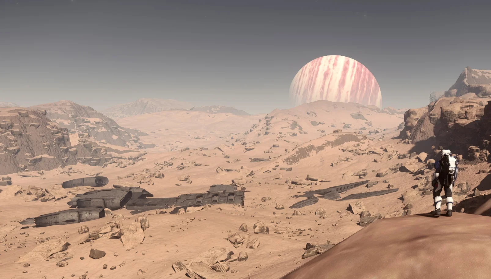 L'épave du Javelin, sur Daymar avec Crusader à l'horizon